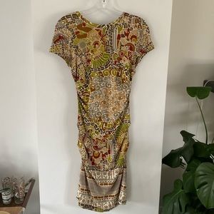 NICOLE MILLER COLLECTION silk ruched dress stretch brown grey print S